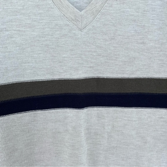 Men’s V-neck sweater vest. beige with navy and brown stripe. Size L - Picture 5 of 5